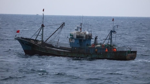 쇠창살·철망 두른 중국어선들 불법조업…해경 함정 동원해 퇴거
