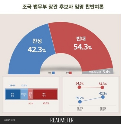 조국 법무장관 임명 '반대 54.3%' vs '찬성 42.3%' [리얼미터]