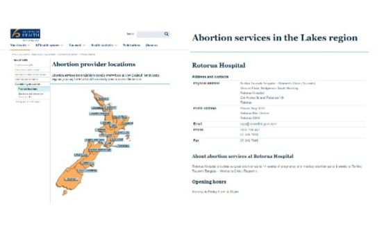 뉴질랜드 보건복지부 홈페이지에는 낙태 수술이 가능한 병원 정보가 정리되어 있다. 의사의 신념에 따라 수술 거부가 가능하지만, 내원자를 가까운 다른 의료기관을 연계해야 한다고 명시되어 있다. 출처: 뉴질랜드 보건복지부 홈페이지