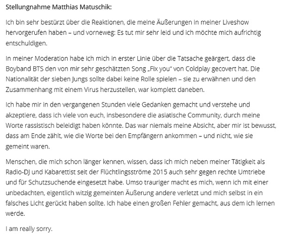 마티아스 마투시크의 사과문 〈사진-바이에른3 홈페이지〉