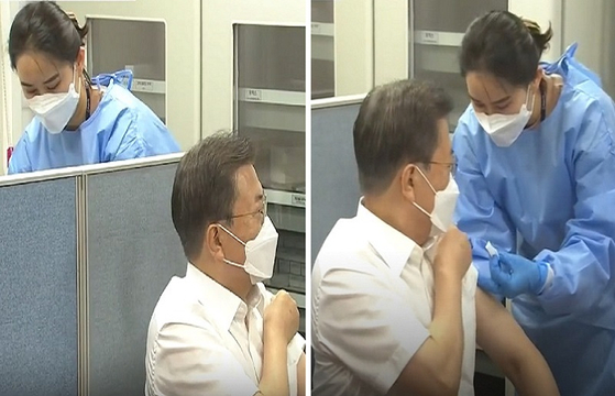 문 대통령의 백신 접종 장면. 〈사진-JTBC 캡쳐〉