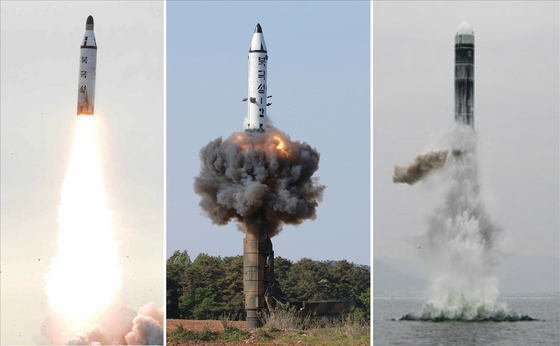 왼쪽부터 북한이 2016년 8월 시험발사한 잠수함발사탄도미사일(SLBM) '북극성-1형'과 2017년 2월 지상발사용으로 개조해 발사한 '북극성-2형', 맨 오른쪽은 3일 공개한 신형 SLBM '북극성-3형'. 〈사진=연합뉴스·조선중앙통신〉