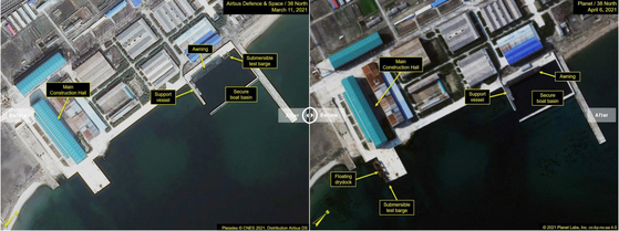 38노스가 공개한 북한 신포조선소 위성사진. 지난 6일 찍힌 오른쪽 사진과 지난달 11일 찍힌 왼쪽 사진을 비교해보면 바지선(Submersible test barge)의 위치가 이동된 점이 눈에 띈다. 〈사진=연합뉴스·38노스〉