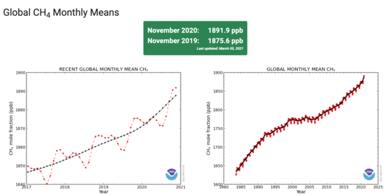 전세계 대기 중 메탄 월 평균 농도 (좌: 최근 5년간 변화, 우: 1983~2020년 변화)