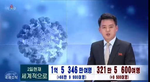 국제 코로나19 현황을 보도하고 있는 조선중앙TV 캡처. 지난 3일. 〈출처=조선중앙TV〉