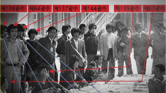 5.18 민주화운동 당시 촬영된 광주 시민들. 일부 극우 논객들은 당시 사진을 짜깁기 해  5.18 민주화 운동에 북한군이 개입했다는 '광수설'을 주장하고 있다. 〈사진=JTBC 뉴스룸 캡처〉 