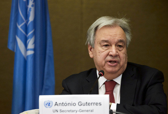 지난달 29일 안토니오 구테레스 유엔 사무총장이 스위스 제네바에서 열린 키프로스 관련 회의 뒤 기자회견을 갖고 있다. 〈사진=로이터 연합뉴스〉