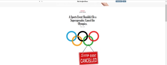 ″올림픽이 '슈퍼 전파 매개체' 돼선 안 된다″ 뉴욕타임스(NYT) 기고문〈사진=뉴욕타임스 캡쳐〉