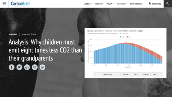 &#34;왜 어린이는 조부모보다 이산화탄소를 8분의 1 수준으로 배출해야만 하는가&#34; 분석 보고서 (자료: 카본브리프)