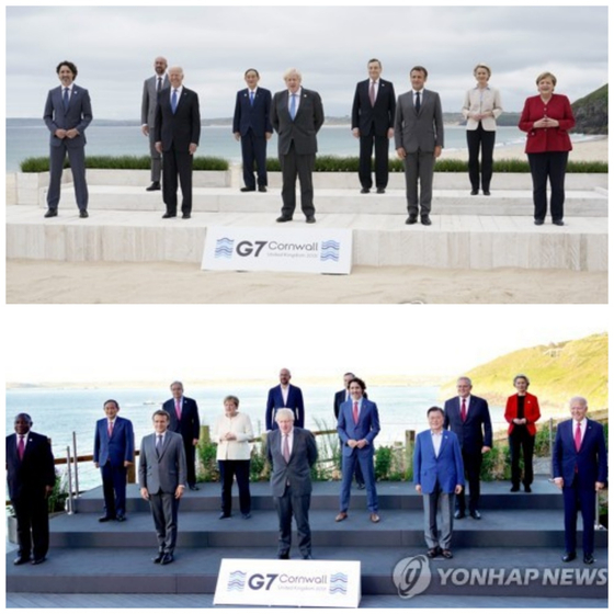G7 정상회의에서 정상들이 함께 찍은 사진 두 장. 위는 첫째 날, 아래는 둘째 날, 문재인 대통령이 다른 초청국 정상들과 함께 찍은 사진.〈사진=연합뉴스〉 