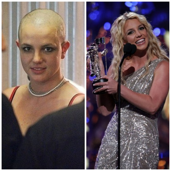 2007년 알코올 중독 사실이 알려진 후 매스컴에 공개된 그녀의 모습(왼쪽)과 2008년 재기에 성공한 브리트니 스피어스 (오른쪽). 〈사진=피플지ㆍAFP〉 