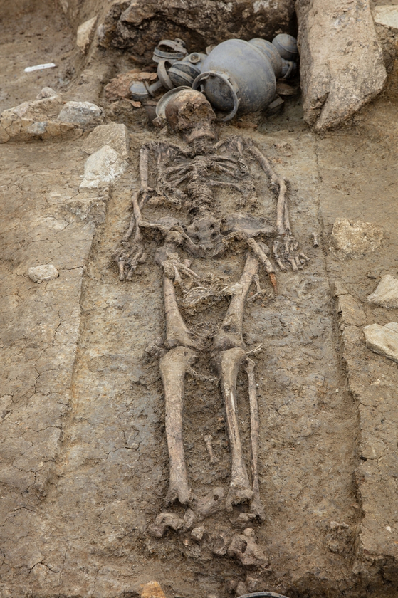 경주 탑동 유적에서 나온 약 180cm 인골. 〈사진=문화재청〉