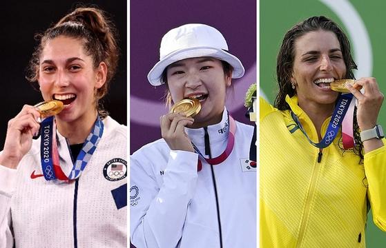 '메달 깨물기' 세리머니를 하는 선수들. 〈사진-올림픽조직위 트위터, 로이터/연합뉴스, AP/연합뉴스〉