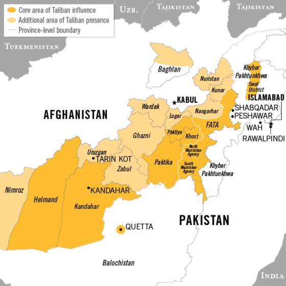 파키스탄 영토 안에 있는 FATA 지역. 탈레반의 모태인 파슈튠족은 파키스탄과 아프간 접경인 FATA 일대에서 살고 있다. 탈레반은 미군의 공격을 피해 파키스탄 영토 안의 FATA 지역으로 피신했다.〈사진=미국 DNI〉