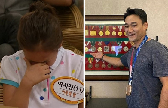 과거 TV 프로그램에 출연한 여서정(왼쪽)과 여홍철이 딸의 올림픽 메달을 목에 걸고 기뻐하는 모습(오른쪽).〈사진-MBC 캡쳐, 여서정 인스타그램〉