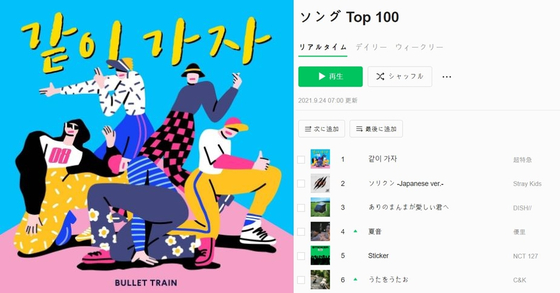 '9월 24일 일본 라인 뮤직 톱100 캡처 화면'