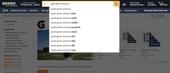 미국 현지를 주소로 두고 아마존을 검색하면 핼러윈에 입을 수 있는 '오징어 게임' 복장이 2천 개 넘게 뜬다. 〈사진=아마존 웹사이트 캡처〉