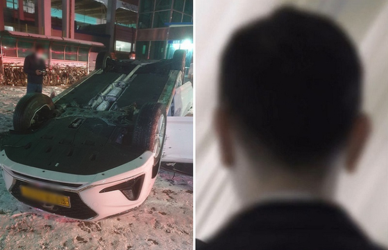 A 씨가 몰고 도주하다 전복된 택시(왼쪽). 〈사진-남동소방서, JTBC 캡처〉