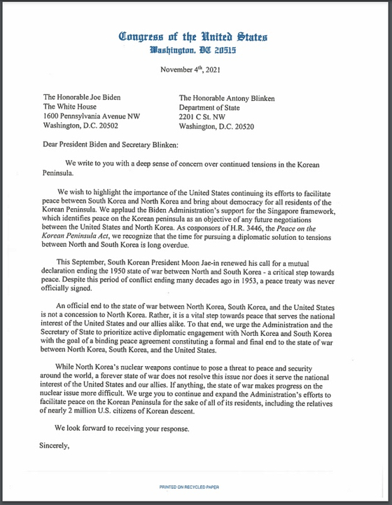 미 하원 의원들이 바이든 대통령에게 한국전쟁 종전선언을 촉구하기 위해 보낸 서한. 〈미주민주참여포럼(KAPAC) 제공〉