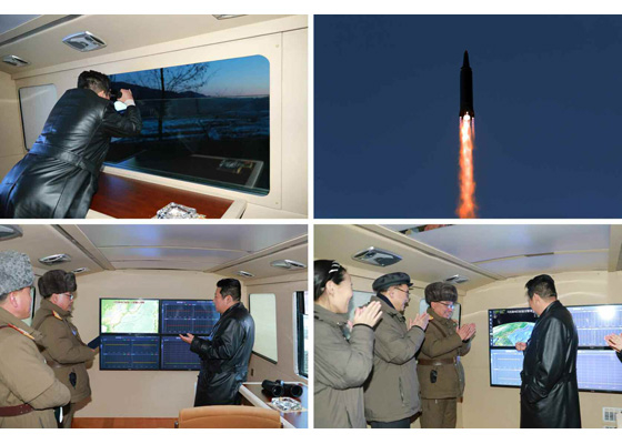 김정은 북한 국무위원장이 미사일 시험발사를 지도하는 자리에 김여정 노동당 부부장 등과 함께 참석했다. 〈사진=노동신문 12일자〉