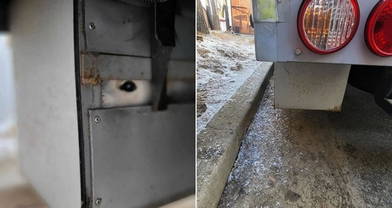 트럭 아래 쇠 상자에 갇혀 있는 백구. 〈사진-동물권단체 케어〉 