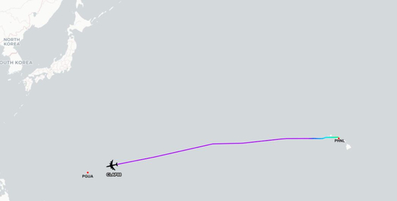 최근 'E-6B 머큐리'의 항적. 미 본토에서 이동해 하와이를 거쳐 괌으로 전개됐다. 〈사진=독자제공〉