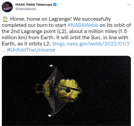 NASA가 트위터를 통해 제임스 웹 우주 망원경의 도착을 알렸다.