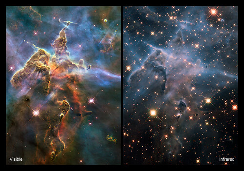 가시광선으로 본 우주(왼쪽)와 적외선으로 본 우주(오른쪽). 적외선으로 관측했을 때 별을 더 많이 볼 수 있다.
