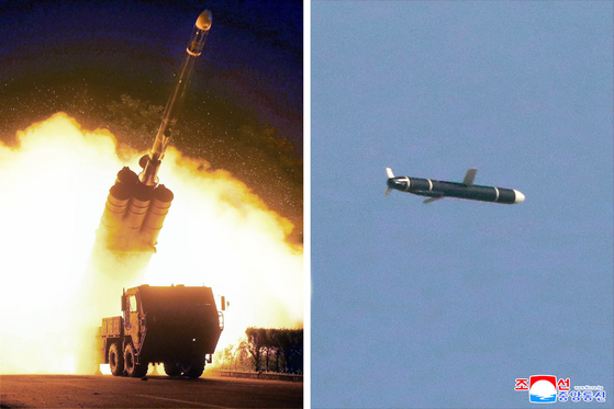 북한이 2021년 9월 11일과 12일 실시한 신형 장거리순항미사일 시험발사 장면. 〈사진=조선중앙통신〉