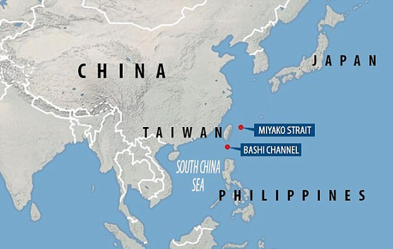 대만과 필리핀 사이의 바시 해협. 해남도 싼야 잠수함 기지의 중국 전략핵잠수함은 바시 해협을 통과해야 태평양으로 진출할 수 있다.  〈그래픽=익스프레스 다이제스트 캡처〉