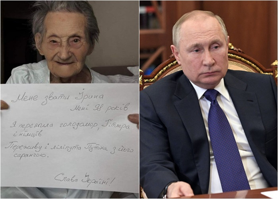 1930년대의 대기근, 나치 독일의 참상 등 우크라이나 현대사를 온몸으로 겪은 98세 할머니가 ″나는 히틀러에게서도 살아남았다. 반드시 살아남겠다″고 쓴 손 편지가 화제다. 사진은 98세 이리나 할머니(왼쪽), 블라디미르 푸틴 러시아 대통령. 〈사진=트위터, AFP 연합뉴스〉