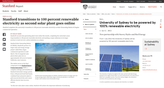 미국 스탠퍼드대학과 호주 시드니대학은 각각 지난 3월과 4월, '재생에너지 100%'를 달성했다. (자료: 각 대학 홈페이지)