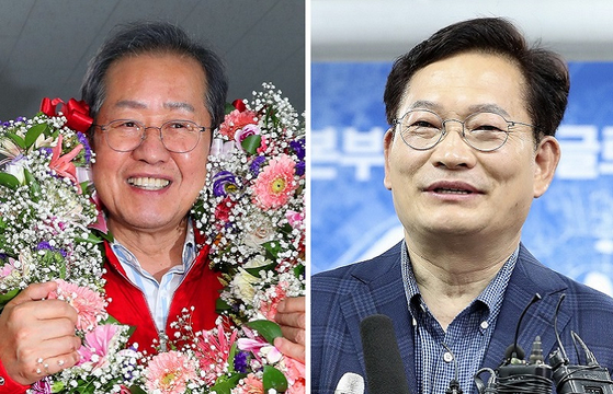 홍준표 국민의힘 후보(왼쪽)와 송영길 더불어민주당 후보. 〈사진-연합뉴스〉