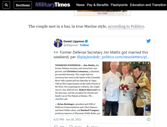 제임스 매티스 전 미국 국방장관 72세에 결혼 〈사진 = 밀리터리타임스 캡처〉