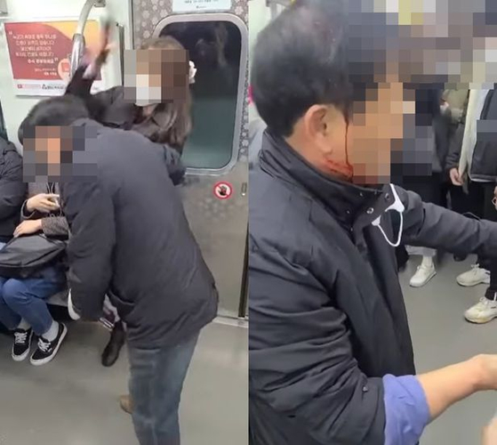 지난 3월 서울 9호선 지하철에서 60대 남성을 수차례 폭행한 20대 여성. 〈사진=유튜브 캡처〉