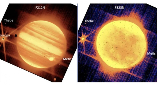 NIRCam의 2.12㎛ 필터(왼쪽)와 3.23㎛ 필터로 포착한 목성과 주변 위성 이미지. 〈사진-NASA, ESA, CSA, and B. Holler and J. Stansberry (STScI)〉 