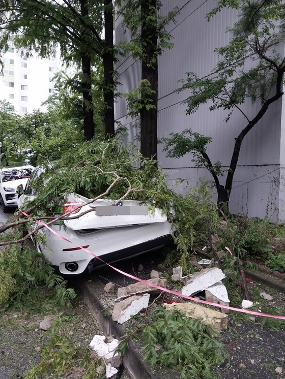기록적 폭우가 서울을 덮친 지난 9일 새벽 양천구의 한 노후 아파트 단지에서 외벽이 떨어져 나가는 사고가 발생했다. 사진은 떨어진 외벽 때문에 파손된 승용차의 모습이다. 〈사진=연합뉴스〉